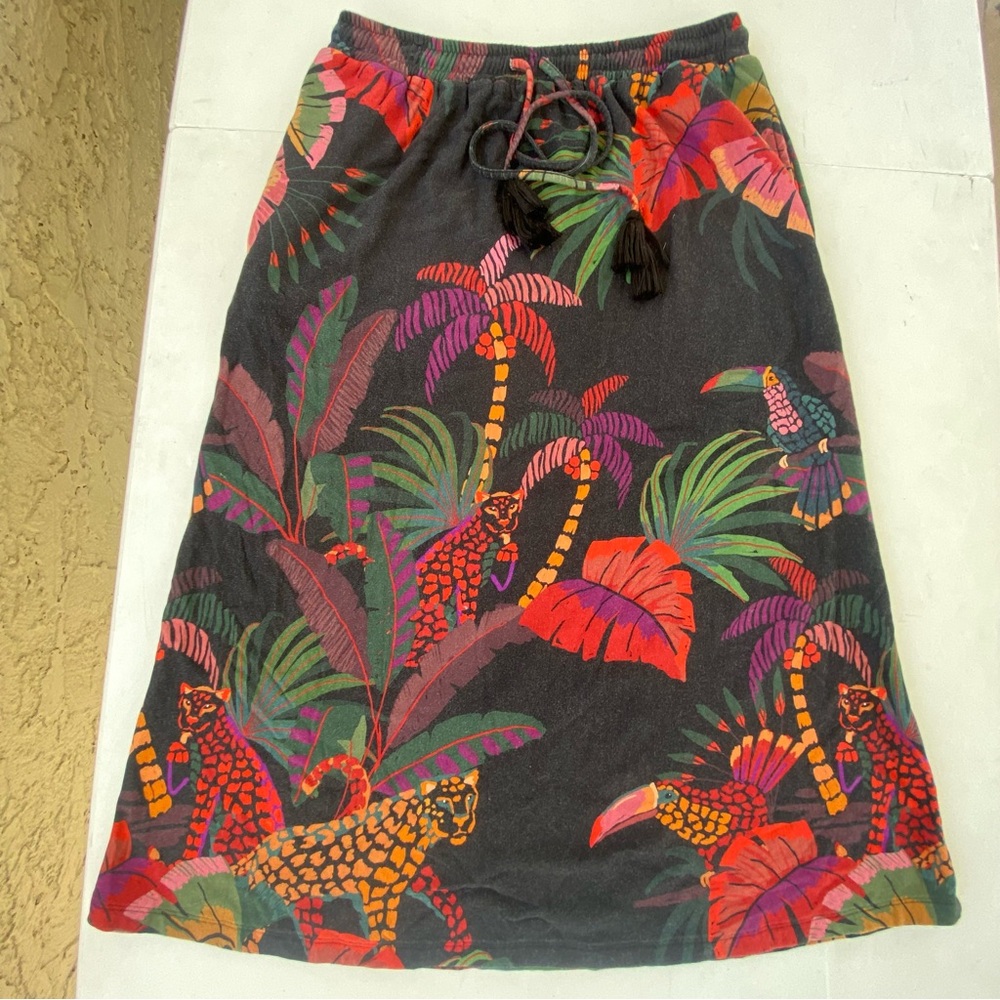 FARM Rio Anthropologie Jungle Leopard Toucan Midi Skirt S